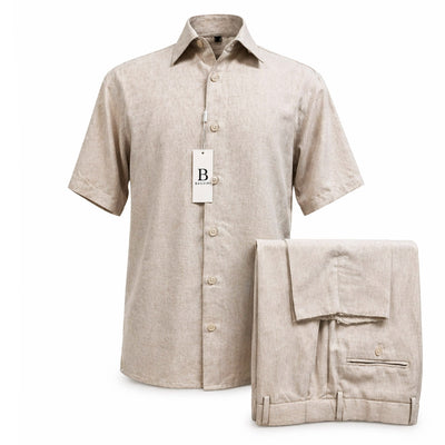 ZANJAN INC DBA BASSIRI O F S BEIGE / SM Bassiri Men’s Linen Short Sleeve Shirt & Tailored Shorts Set – Hand Finish Collection/S-1043