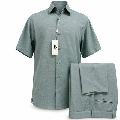 ZANJAN INC DBA BASSIRI O F S TEAL / SM Bassiri Men’s Linen Short Sleeve Shirt & Tailored Shorts Set – Hand Finish Collection/S-1043