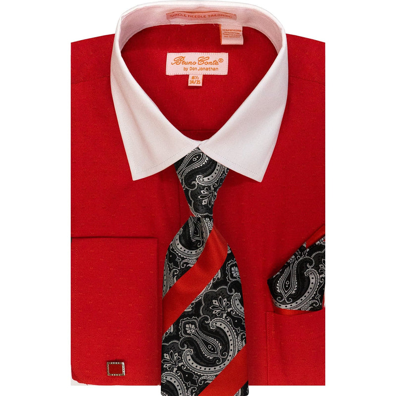 DON JONATHAN S CT RED 4/5 / 15.5 BRUNO CONTE SHIRT TIE & HANKY SET/Bc1135